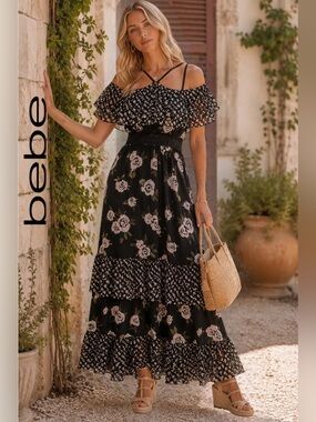 🛍️SALE🛍️ BEBE Black Floral Off-Shoulder Maxi Dress with Ruffle Hem